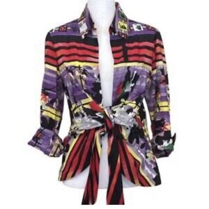 Mischa black/red print top eclectic bold colorful artisan bohemian Sz L‎ EUC 90s